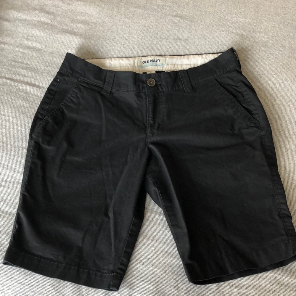 Old Navy black, Bermuda length shorts.